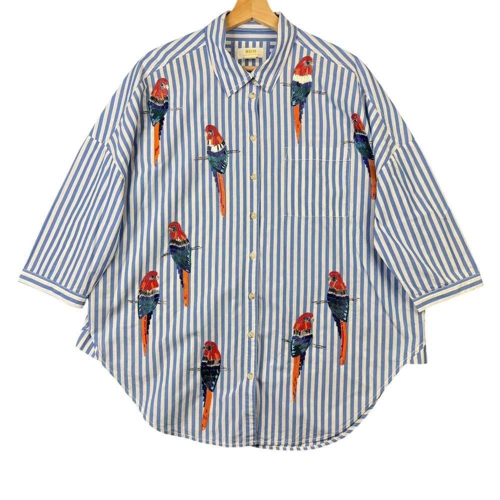 Maeve Anthropologie Beaded Parrot Striped Button Down Shirt Blue White XS/S